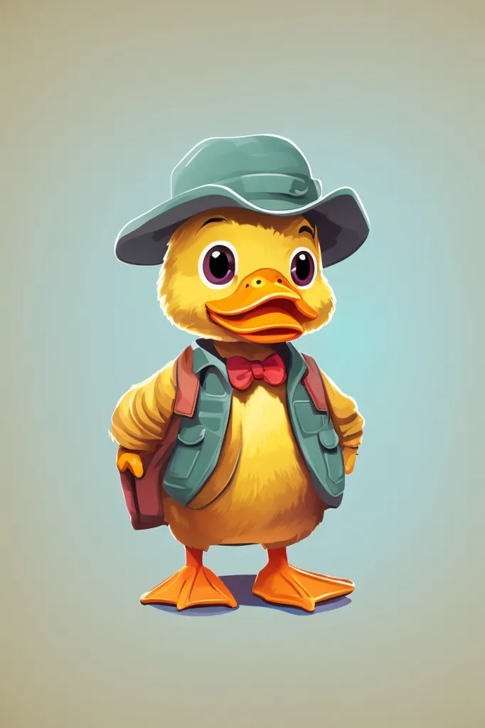 This is a picture of a cute duck wearing a hat, a bow tie, and a vest. The duck is standing on two legs and has a friendly smile on its face. It is carrying a backpack and looks ready to go on an adventure.