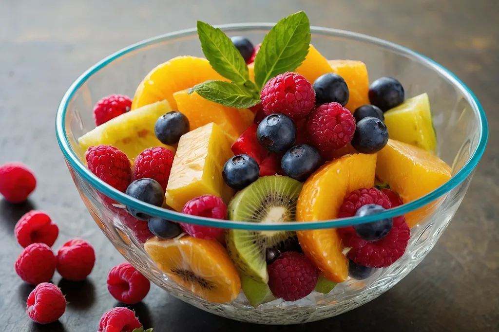 A bowl of fresh fruit salad with raspberries, blueberries, peaches, and kiwi. The fruit is arranged in a colorful and appealing way. The bowl is sitting on a dark surface. There are also some raspberries scattered on the table next to the bowl.