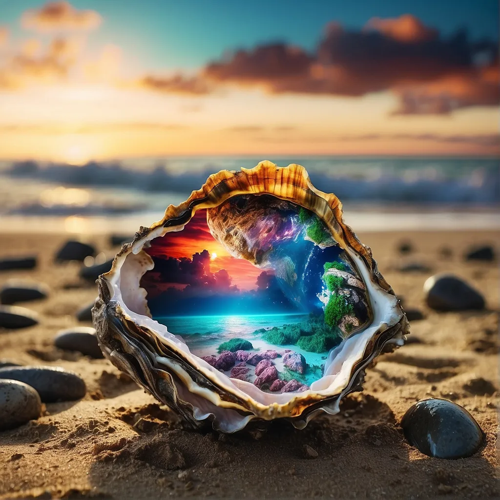 This image shows a seashell sitting on the beach. The sky is a bright orange and yellow, and the sun is setting over the ocean. The waves are gently crashing on the shore. Inside the seashell, there is a beautiful world. There are green trees, blue water, and a bright sun. The world inside the seashell is peaceful and serene.