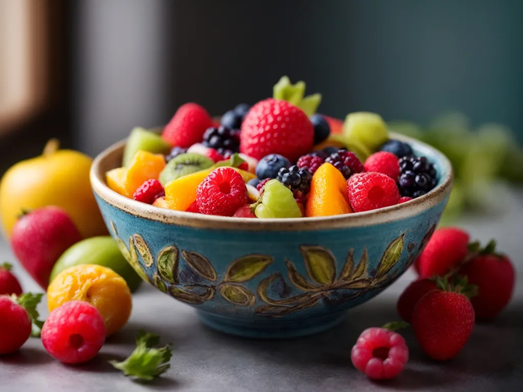 A bowl of fresh fruit. The bowl is blue and has a pattern of leaves on it. The fruit in the bowl includes strawberries, blueberries, raspberries, blackberries, and peaches. There are also some strawberries and raspberries on the table next to the bowl. The background is a dark blue color.