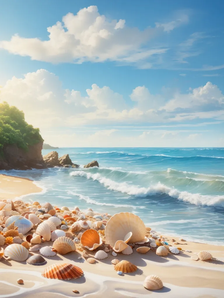 Shells On The Beach

The image shows a beach with white sand and a blue sea with white waves. There are many seashells on the beach in the foreground. There is a green cliff with some vegetation on the left side of the image. The sky is blue and there are some white clouds. The sun is shining. The image is very bright and colorful.