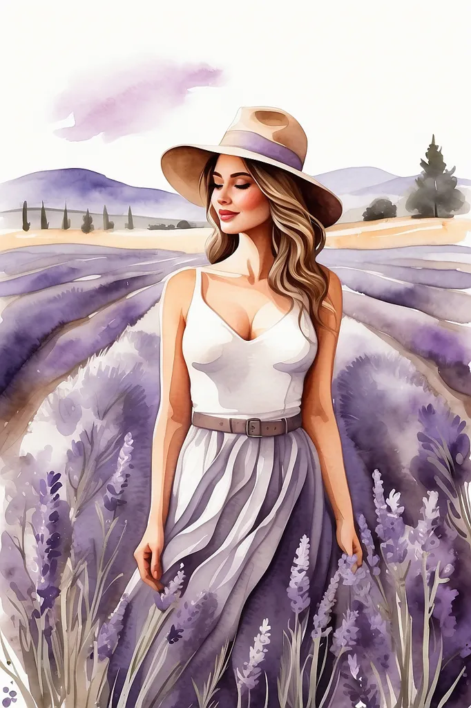 The image is of a woman standing in a field of lavender. She is wearing a white dress and a brown hat. The woman is smiling and has her eyes closed. The lavender is purple and in full bloom. The background is a soft, light purple. The image is peaceful and serene.