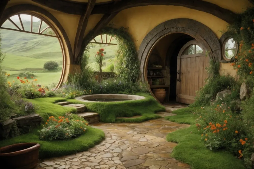 The image is of a hobbit hole, a type of underground dwelling inhabited by hobbits, a fictional race of small, human-like creatures. The hobbit hole is located in a rural setting, with a view of a rolling green hill. The exterior of the hobbit hole is made of stone and wood, with a round door and arched windows. The interior is cozy and homey, with a fireplace, a table, and chairs. There are also several plants and flowers growing inside the hobbit hole.