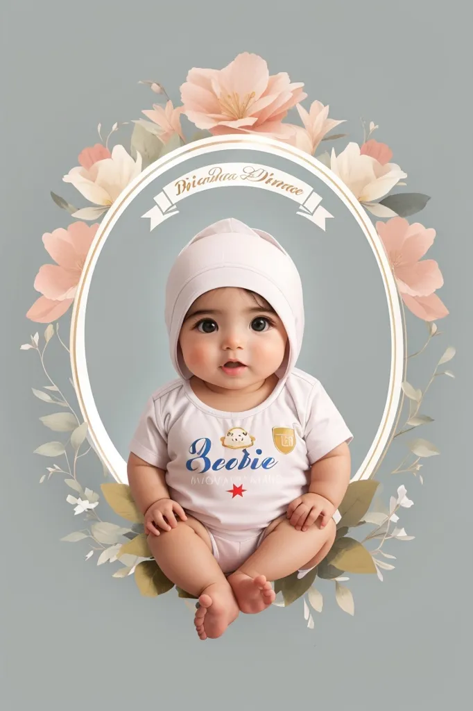 This is an image of a baby. The baby is wearing a white hat and a white shirt that says "Beebie". The baby is sitting in a floral frame. The baby has dark hair and brown eyes. The baby is looking at the camera. The background is a light blue color.