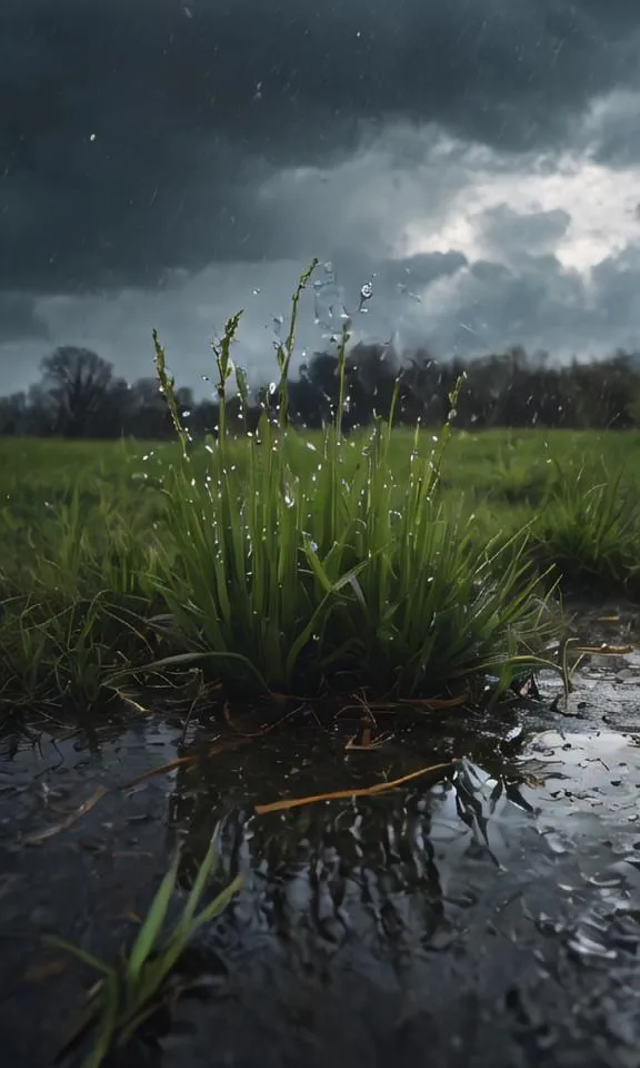 It's raining heavily in the field. The raindrops are falling on the grass and splashing up. The grass is green and lush. The sky is dark and cloudy. The ground is wet and muddy. There is a puddle of water in the foreground. The raindrops are making ripples in the puddle. The picture is taken from a low angle, which makes the grass look taller and more imposing. The rain is coming down in sheets, and the wind is blowing strong. The grass is matted down, and the trees are swaying. The only sound is the roar of the rain. The picture is a study in contrasts: the soft, green grass against the dark, stormy sky; the still puddle against the moving rain; the silence of the scene against the violence of the storm.