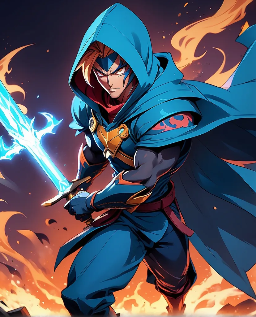 This is an illustration of a man with a sword. He is wearing a blue cape and a blue tunic. He has blond hair and blue eyes. He is standing in a fiery background. He is holding the sword with both hands. The sword is glowing blue.