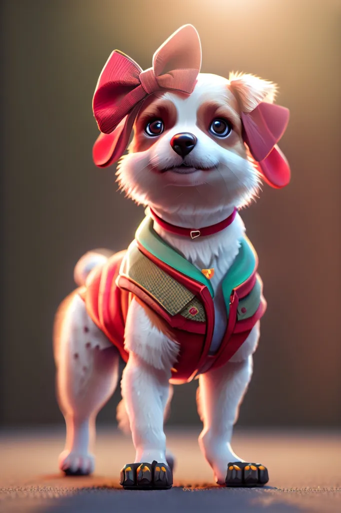 The image shows a cute puppy. It has a white and brown coat, and is wearing a red and green jacket. There is a pink bow on its head. The puppy is standing on a brown surface, and there is a brown background. The puppy has a happy expression on its face, and it looks like it is about to wag its tail.