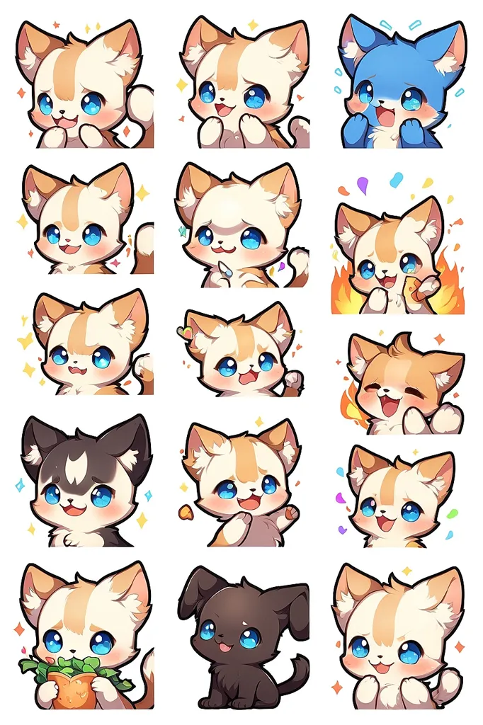 The image contains 15 cute cartoon cats and dogs with different expressions. They are all drawn with simple lines and bright colors. The cats and dogs have big heads and round eyes, and they are all very expressive. The image is drawn in a chibi style, which is a type of Japanese cartooning that is characterized by its simplified and childlike appearance.