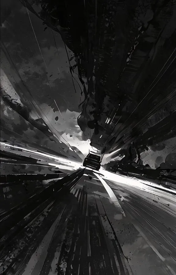 The image is in black and white. It shows a car driving on a road. The car is in the center of the image. The road is surrounded by tall buildings. The buildings are made of glass and steel. They are reflecting the light from the car. The car is moving very fast. It is blurred. The image is very dynamic. It conveys a sense of speed and energy.