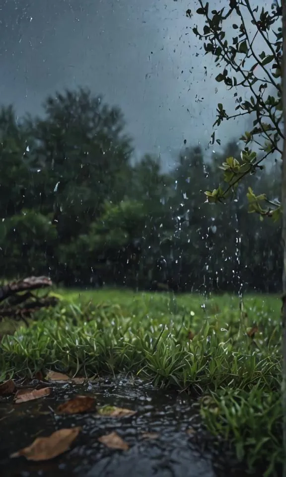 It's raining outside. The rain is falling heavily and making a lot of noise as it hits the ground. The trees are swaying in the wind and the leaves are blowing off the branches. The grass is getting wet and green. The rain is making the world look new and fresh.