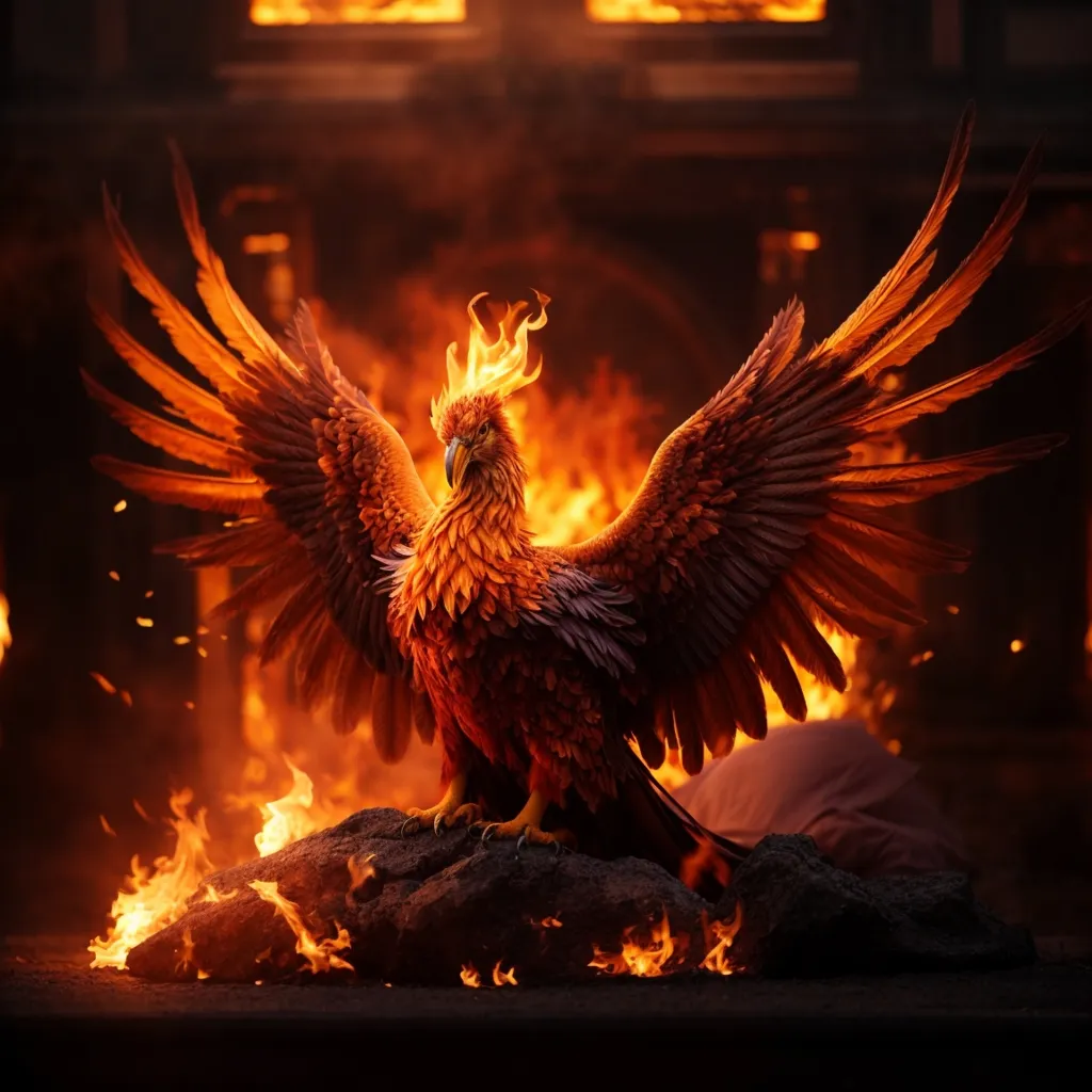 The phoenix is a mythical bird that is said to rise from its own ashes. It is a symbol of hope, renewal, and transformation. The phoenix is often depicted as a fiery red or orange bird with a long tail. It is said to be very beautiful and to have a sweet song. The phoenix is also said to be very powerful and to be able to live for a very long time.