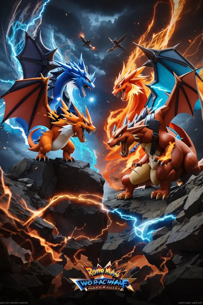 The image is of a battle between two powerful monsters. The first monster is a blue and white dragon with a long, serpentine body and a pair of wings. It is standing on a rock and breathing fire at its opponent. The second monster is a red and orange dragon with a more stocky build and a pair of wings. It is also standing on a rock and breathing fire at its opponent. In the background, there is a storm raging with lightning and thunder.