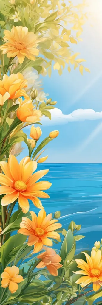 Bright yellow flowers of different sizes bloom in profusion against a background of blue sea and sky. The flowers have multiple petals and are surrounded by lush green leaves. The scene is bathed in warm sunlight.