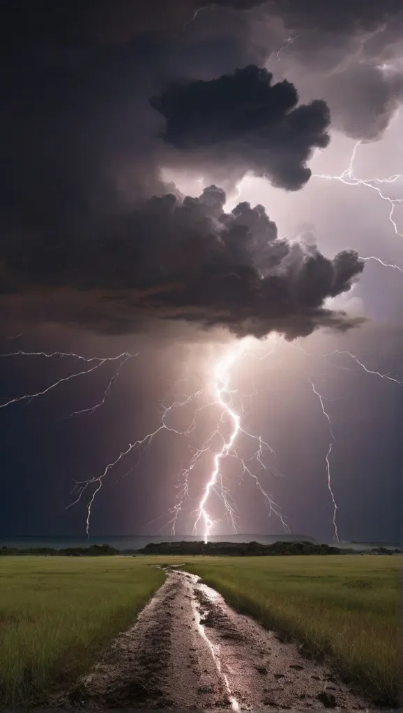 The dark clouds are full of water. The lightning is very bright. The thunder is very loud. The storm is very strong. The field is full of water. The road is very muddy. The grass is very green. The trees are very tall. The sky is very dark. The clouds are very thick. The lightning is very scary. The thunder is very loud. The storm is very strong.