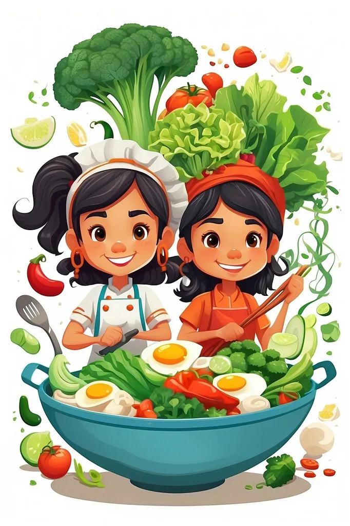 Two young girls are cooking together. They are surrounded by healthy vegetables and are both smiling. The girl on the left is wearing a white chef's hat and is holding a spatula. The girl on the right is wearing an orange apron and is holding a pair of chopsticks. They are both wearing aprons. The background is white.