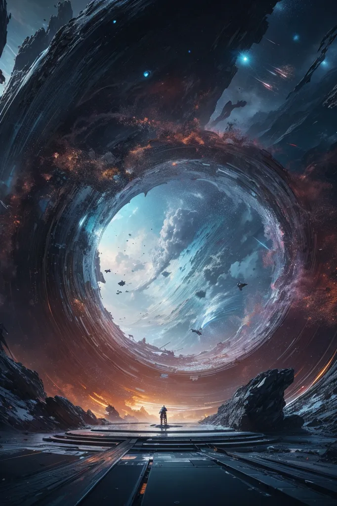 The image is set in a vast, awe-inspiring cosmic landscape. A colossal, swirling vortex of energy and light dominates the center of the scene, its tendrils reaching out to touch the edges of the frame. Within the vortex, countless stars and galaxies are caught up in a furious dance, their light mingling and blending to create a mesmerizing spectacle. Against this backdrop, a lone figure stands on a platform, silhouetted against the maelstrom. The figure is dwarfed by the immense scale of the vortex, yet it exudes a sense of awe and wonder. The image is a powerful reminder of the vastness and beauty of the universe and the渺小ness of humanity in comparison.