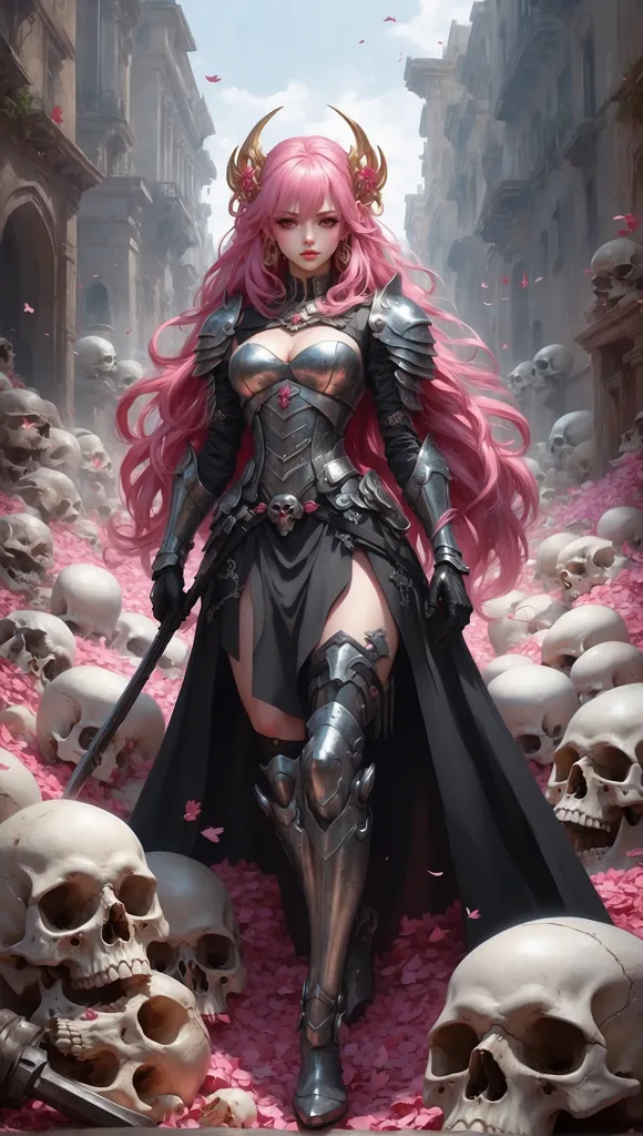 The picture shows a beautiful anime girl with pink hair and blue eyes. She is wearing a black and pink dress and is carrying a sword. The girl is standing in a field of skulls and is surrounded by pink cherry blossoms.