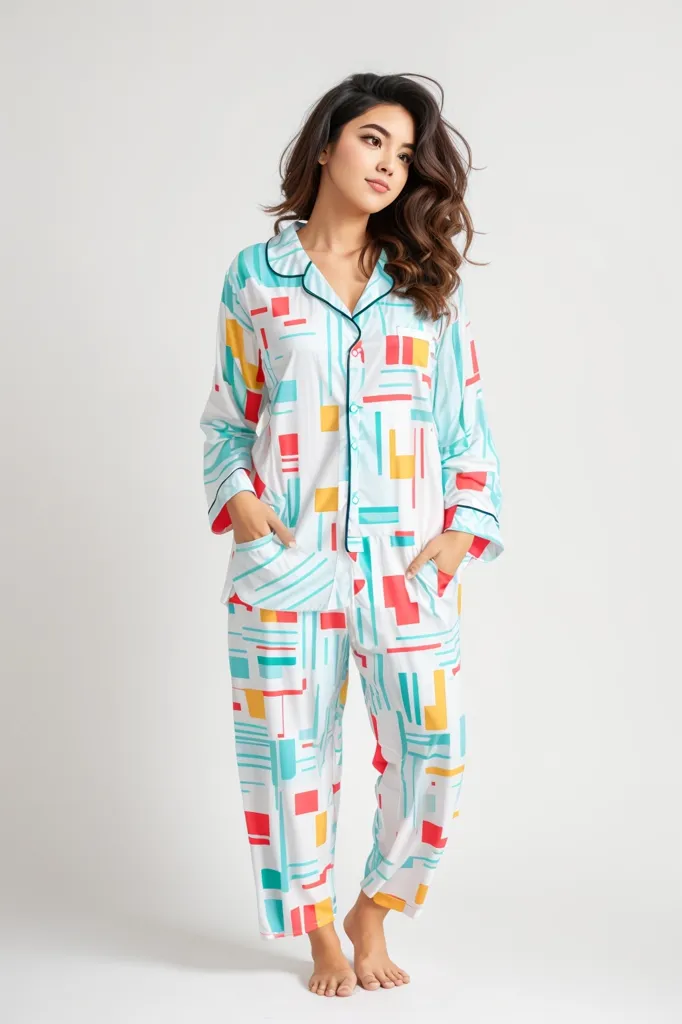 The image shows a woman wearing a white, blue, yellow, and red geometric print pajama set. The pajama set has a long-sleeved shirt with a collar and matching pants. The woman has her hands in the pockets of the pants and is looking at the camera with a slight smile on her face. She has long, dark hair and is wearing light makeup. The background is a solid white color.