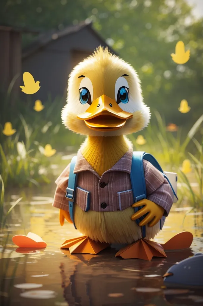 This is a picture of a cute and happy duck. It is wearing a blue and white striped shirt and a blue backpack. The duck is standing in a puddle of water, surrounded by tall grass and flowers. There is a small house in the background. The duck is looking at the camera with a big smile on its face.