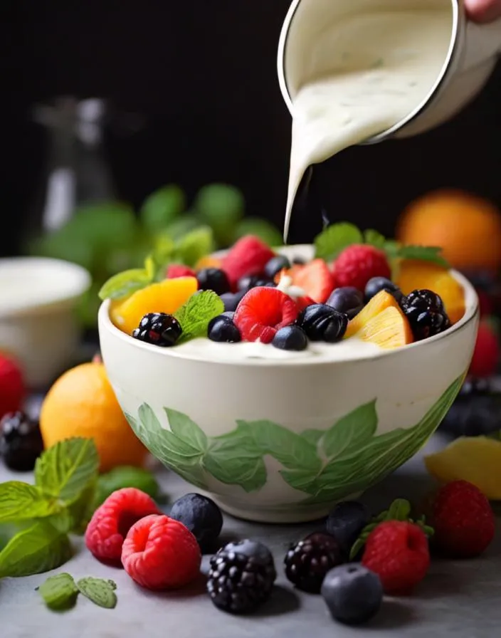 A bowl of fruit salad is being drizzled with a creamy dressing. The fruit salad contains strawberries, blueberries, peaches, and blackberries. The bowl is decorated with mint leaves. The background is a dark color. The image is taken from a high angle.