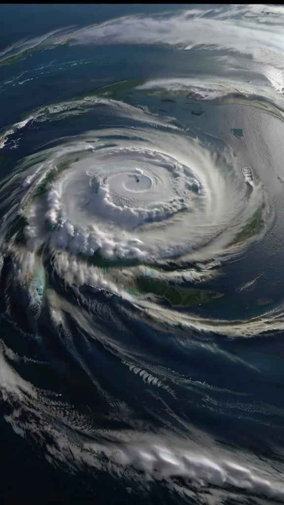 The image shows a hurricane seen from space. The hurricane is a large, rotating storm with a clear eye in the center. The eye is surrounded by clouds and rain. The hurricane is moving over the ocean.