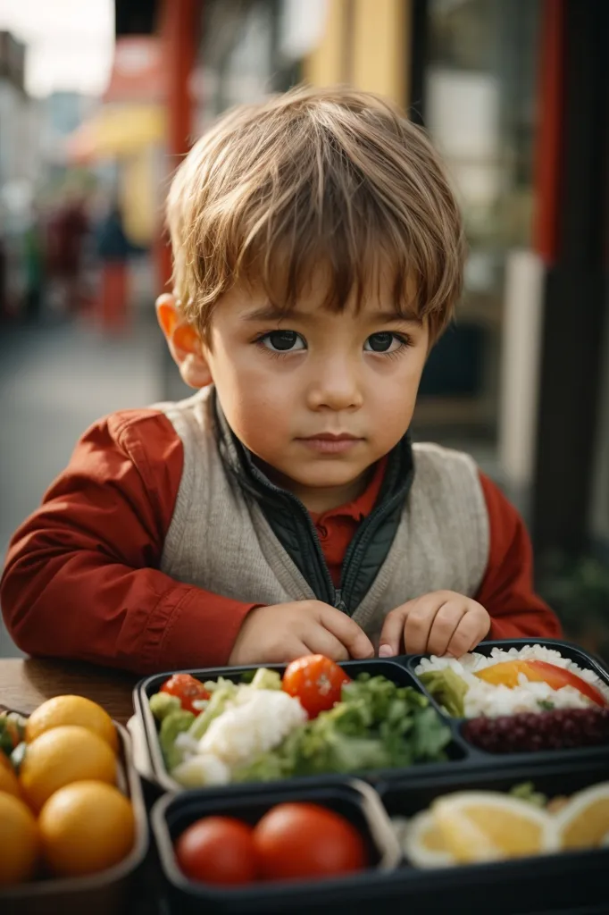 A small boy sits at a table outside. He has a serious expression on his face. In front of him are two containers of food. One container has a salad with lettuce, carrots, and tomatoes. The other container has rice and vegetables. The boy is wearing a red shirt and a gray vest. He has short brown hair and brown eyes.