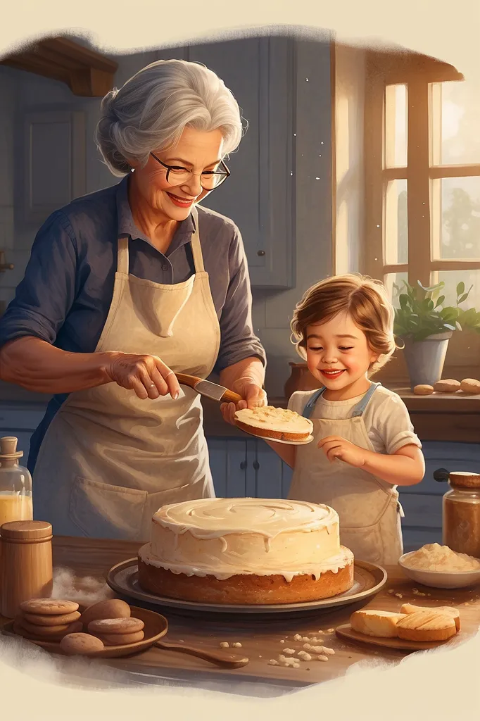 A grandmother is baking a cake with her孙子. They are both wearing aprons and smiling. The grandmother is holding a knife and the孙子 is holding a spatula. The cake is on a turntable and there are bowls of ingredients on the counter. The background is a kitchen with a window and a plant.