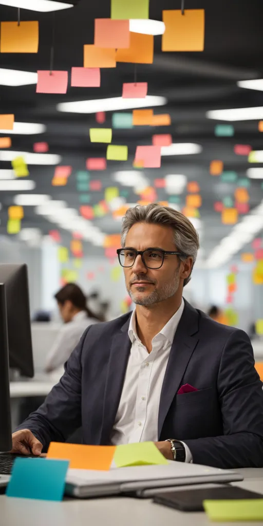 A man in a suit is sitting at his desk in an office. He is looking at something or someone with a thoughtful expression. There are many colorful sticky notes on the walls and ceiling. There are two computer monitors on his desk, and he is wearing glasses. He has a confident expression on his face.