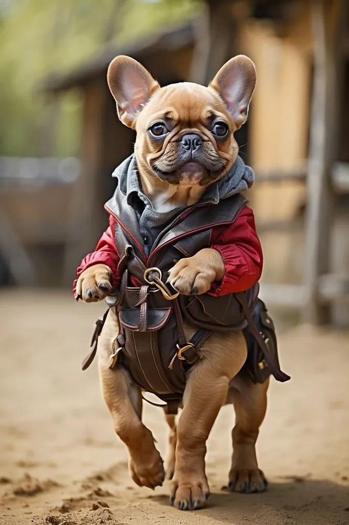 The image shows a French Bulldog wearing a red and brown leather jacket. The jacket has a hood and several buckles and straps. The dog is standing on all fours and looking at the camera. It seems to be in a field or on a farm.