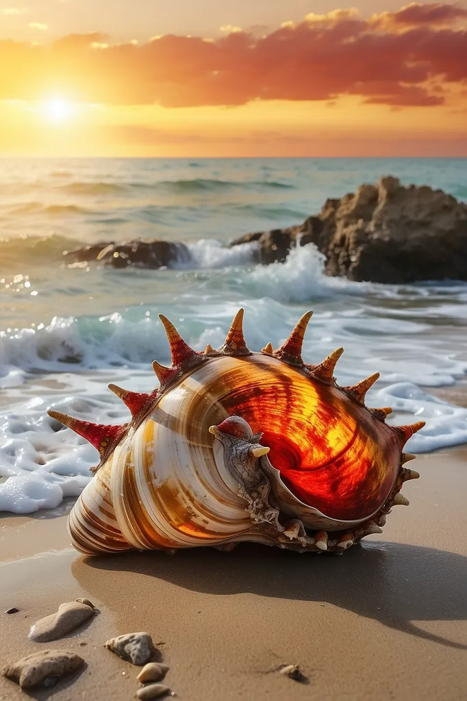 The image shows a beautiful seashell on the beach. The seashell is large and has a spiral shape. It is white and brown in color, with some red and orange highlights. The seashell is sitting on the sand, and the waves are gently crashing against it. The sun is setting in the background, and the sky is a bright orange color. The image is very peaceful and relaxing.