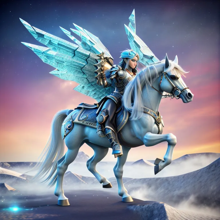 A warrior rides a white horse with ice wings. The warrior is wearing silver armor and the horse has silver armor with blue gems. The warrior is holding a sword and shield. They are riding on a snowy mountaintop.