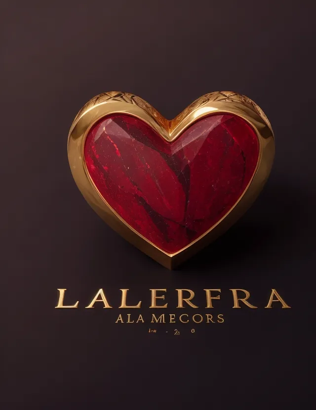 The image is a 3D rendering of a heart-shaped gemstone. The gemstone is red and has a gold frame around it. The gemstone is also surrounded by a gold frame with the words "Lalera" and "Ala Mecors" written on it. The background is black.