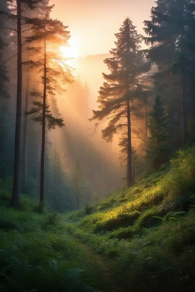 The sun is shining through the trees in a forest. The trees are tall and straight, and the leaves are a lush green. The sun is casting a warm glow over the forest floor, and there is a sense of peace and tranquility.