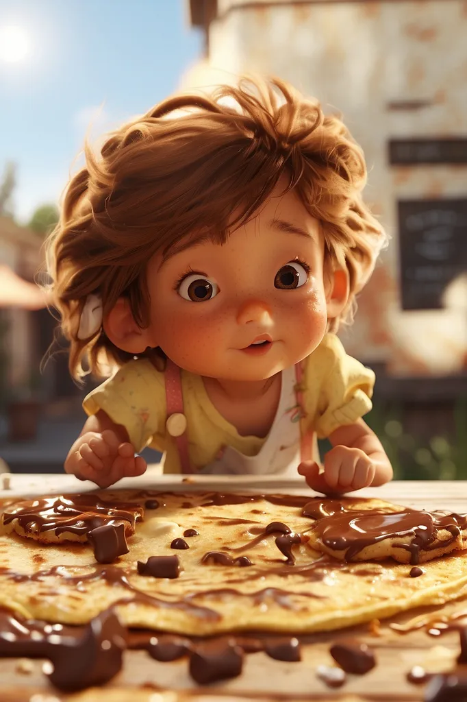 Yum! This looks delicious! A cute little girl with big brown eyes looks at a plate of pancakes covered in chocolate syrup. She has a curious expression on her face, and her mouth is slightly open in anticipation. She is wearing a yellow dress with a white collar, and her brown hair is pulled back in a ponytail. The background is blurry, but it looks like there is a building behind her.