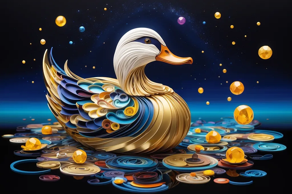 The image is a three-dimensional depiction of a Mandarin duck. The duck is standing on a platform of water, surrounded by a variety of objects. The duck is made of many small pieces of paper, which are arranged in a way that creates a sense of depth and realism. The image is set against a dark blue background, which makes the duck stand out. The overall effect is one of beauty and elegance.