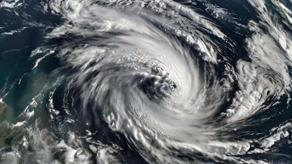 The image shows a hurricane. The hurricane is a large, rotating storm that has formed over the ocean. It is made up of clouds, water, and wind. The hurricane is spinning around a center called the eye. The eye is usually calm and clear, while the rest of the hurricane is filled with strong winds and heavy rain. Hurricanes can cause a lot of damage when they hit land. They can destroy homes and businesses, and they can also cause flooding and landslides.