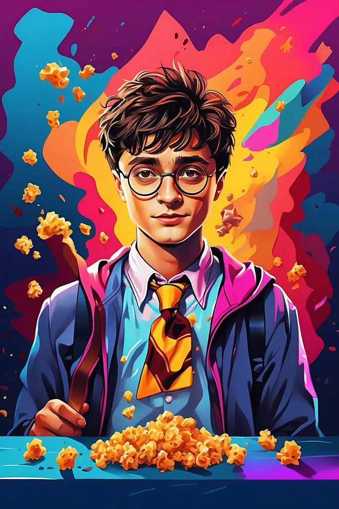 This is a picture of Harry Potter. He is wearing glasses and a tie. He has a wand in his hand and is surrounded by popcorn. The background is colorful and looks like it is a painting.