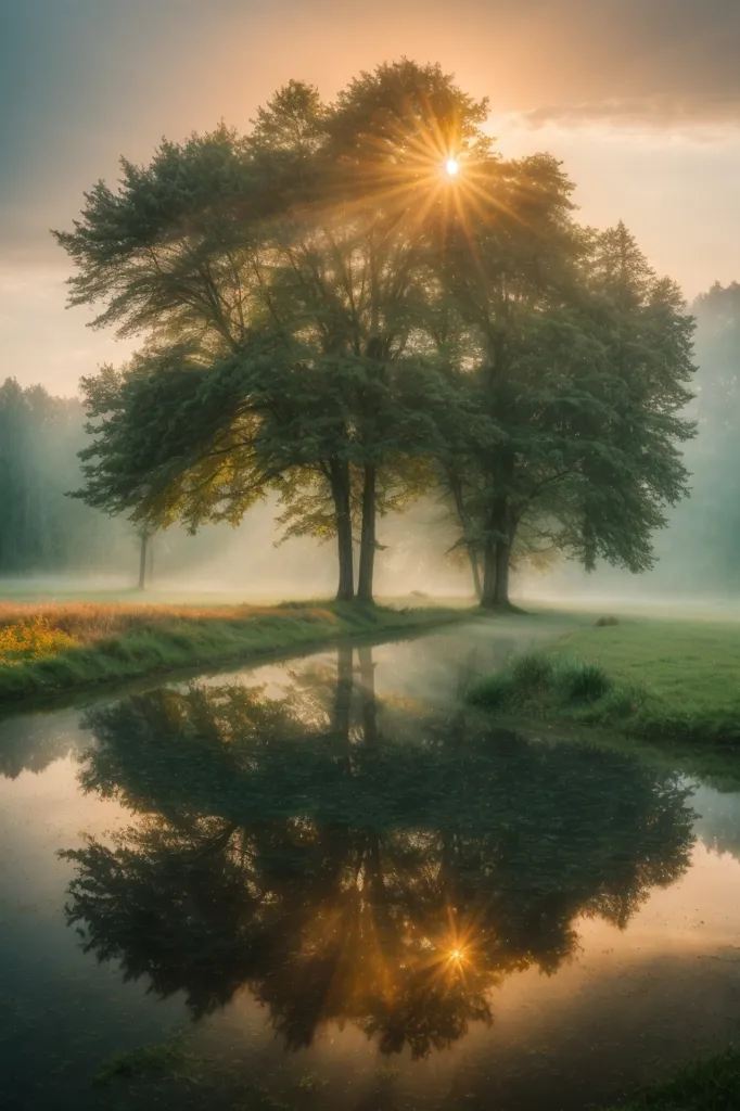 The sun is rising over a misty field. There are two large trees in the foreground, and the sun is casting shadows on the grass. The trees are reflected in the pond. The sky is a light blue, and the sun is a bright yellow. The image is peaceful and serene.