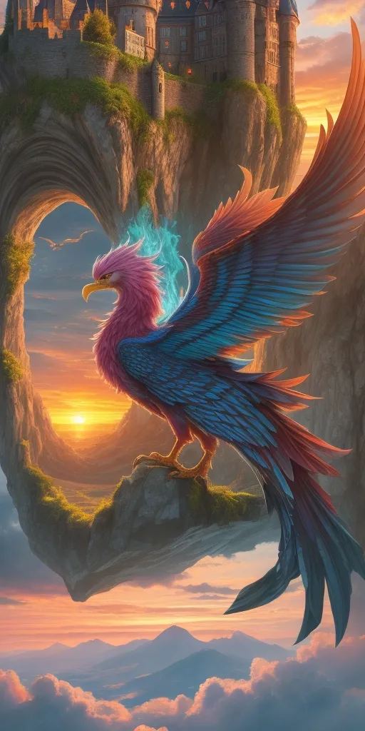 A phoenix is a mythical bird that is said to be a symbol of hope and renewal. It is often depicted as a large, brightly colored bird with a long tail. In this image, the phoenix is shown standing on a rock in front of a castle. The bird is surrounded by flames, which are a symbol of its power and strength. The castle is perched on a cliff overlooking a valley. The sky is a bright orange color, which suggests that the sun is setting. The image is full of vibrant colors and details, which create a sense of wonder and excitement.