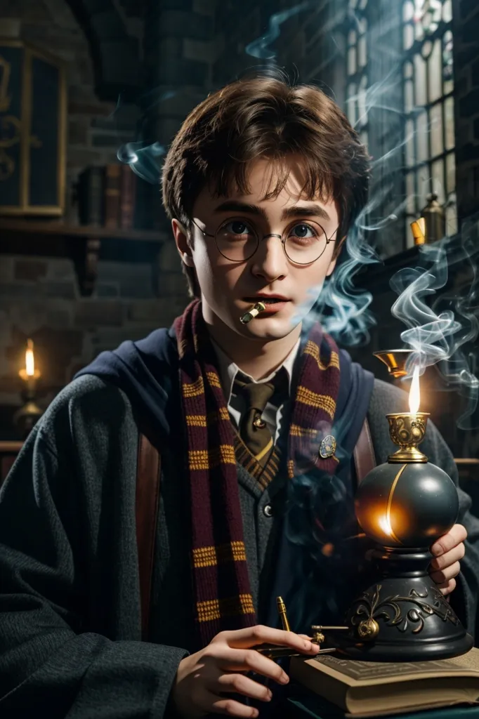 This is a picture of Harry Potter, a character from the Harry Potter series. He is a young wizard who is attending Hogwarts School of Witchcraft and Wizardry. He is wearing his school uniform, which consists of a black robe, a white shirt, and a red and gold tie. He is also wearing glasses and a scarf. He is holding a wand and a book. There is a lamp beside him and smoke coming out of it. He looks like he is in a hurry.