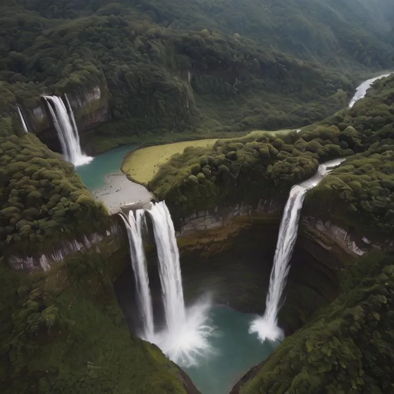 The image is of a waterfall. The waterfall is very wide and tall. The water is falling from a cliff into a pool of water. The pool of water is surrounded by a lush green forest. The waterfall is in a remote area and is surrounded by mountains. The water is crystal clear and the air is fresh and clean. The waterfall is a beautiful and majestic sight. It is a place of peace and tranquility.