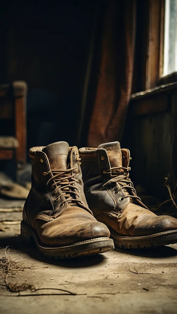 A pair of old, worn-out boots sit on a wooden floor. The boots are made of brown leather and have dark brown laces. The soles of the boots are made of rubber and are worn down from years of use. The boots are covered in dust and cobwebs, suggesting that they have been abandoned for some time. The background of the image is dark and out of focus, adding to the sense of mystery and abandonment.