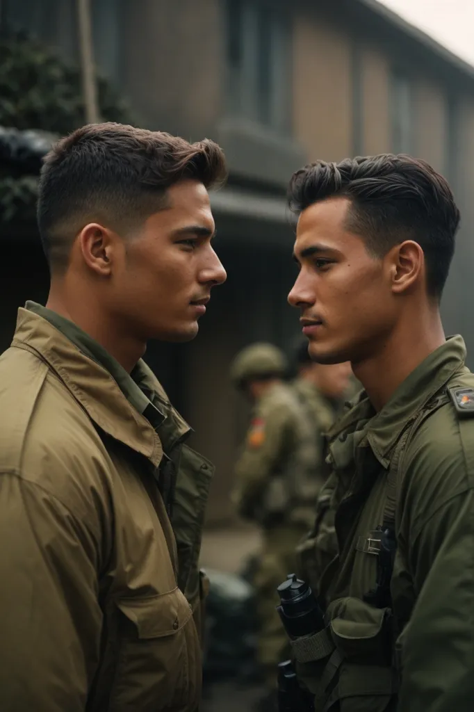 Two soldiers, dressed in military fatigues, stand face to face, staring into each other's eyes. Their expressions are intense, and it is clear that they are engaged in a heated argument. The background is blurry, but it looks like they are in a war zone. The image is full of tension and suspense, and it is clear that these two men are about to come to blows.