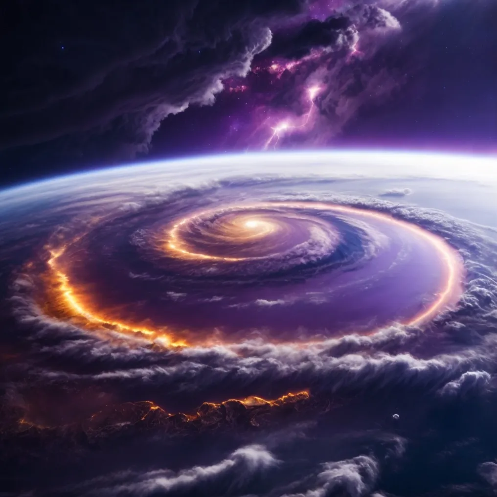 The image is depicting a scene of a massive storm on a distant planet. The planet is covered in thick clouds and a raging storm is taking place in the atmosphere. The storm is so powerful that it is creating a massive hurricane-like vortex that is spinning rapidly. The vortex is surrounded by clouds that are lit up by the lightning. The scene is one of great beauty and power, and it is a reminder of the forces of nature that shape the universe.