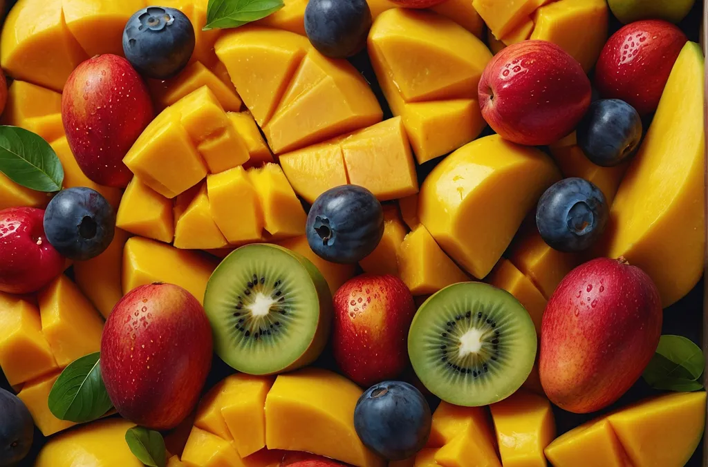 The image shows a variety of fruits. There are mangoes, blueberries, apples, and kiwis. The fruits are all cut into small pieces and arranged in a visually appealing way. The colors of the fruits are bright and vibrant. The image is taken from a top-down perspective and the fruits are arranged in a way that creates a sense of depth.