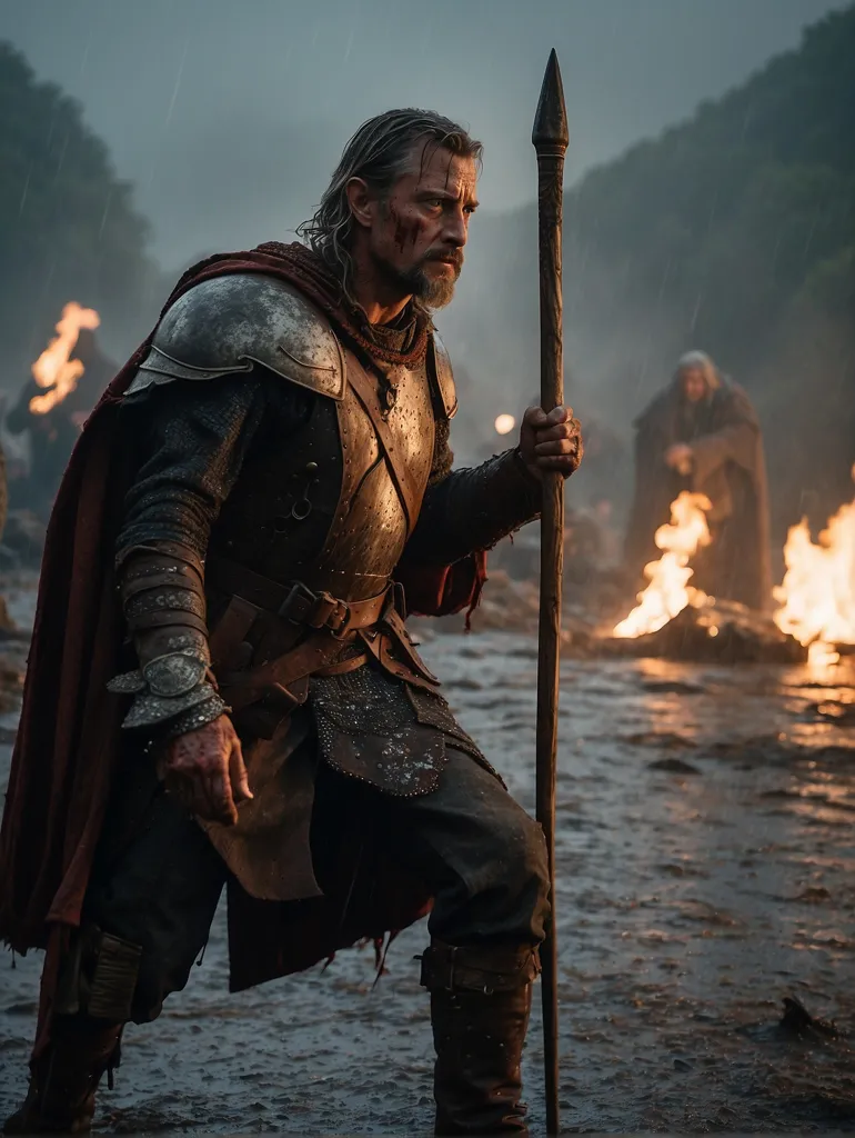 This is a picture of a warrior. He is dressed in a chainmail shirt and a red cape. He is also wearing a helmet and carrying a spear. He looks like he is about to engage in battle. In the background, there are two men holding torches.