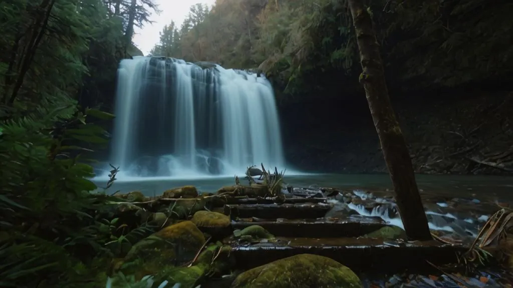 This image shows a waterfall in a forest. The waterfall is cascading over a rocky ledge, and the water is crashing into the pool below, creating a powerful and mesmerizing scene. The waterfall is surrounded by lush green vegetation, and the trees are towering overhead, creating a sense of awe and wonder. The water is crystal clear. The overall effect is one of beauty and tranquility.