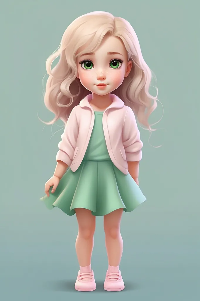 The image shows a cute little girl with blonde hair and green eyes. She is wearing a pink jacket, a green dress, and pink shoes. She is standing on a green background and looking at the viewer with a shy smile on her face.