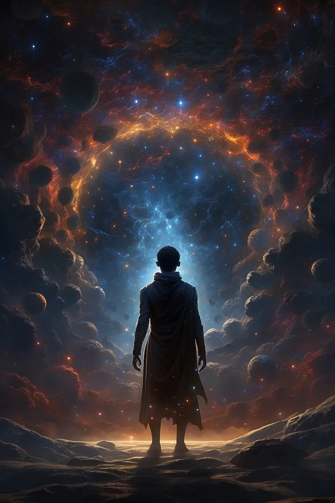 The image is set in a vast, awe-inspiring universe. There is a figure standing with his back to us, in the center of the image. He is wearing a dark cloak and is looking out at the stars. The colors in the image are vibrant and saturated, and the sense of scale is overwhelming. The image is full of mystery and wonder, and it leaves the viewer with a sense of awe and insignificance.