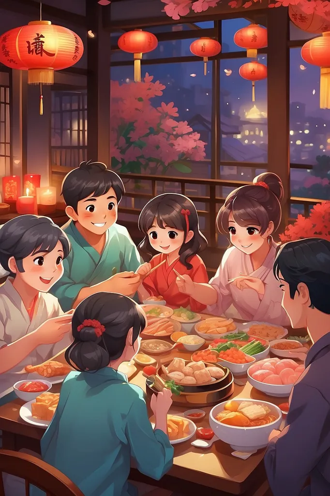 A family is sitting around a table, eating dinner. There are five people in the family: two adults, two children, and a baby. The adults are smiling and talking to each other. The children are also smiling and talking. The baby is sitting in a high chair and eating from a bowl. The table is full of food. There are many different dishes, including rice, noodles, vegetables, and meat. The family is enjoying their dinner.